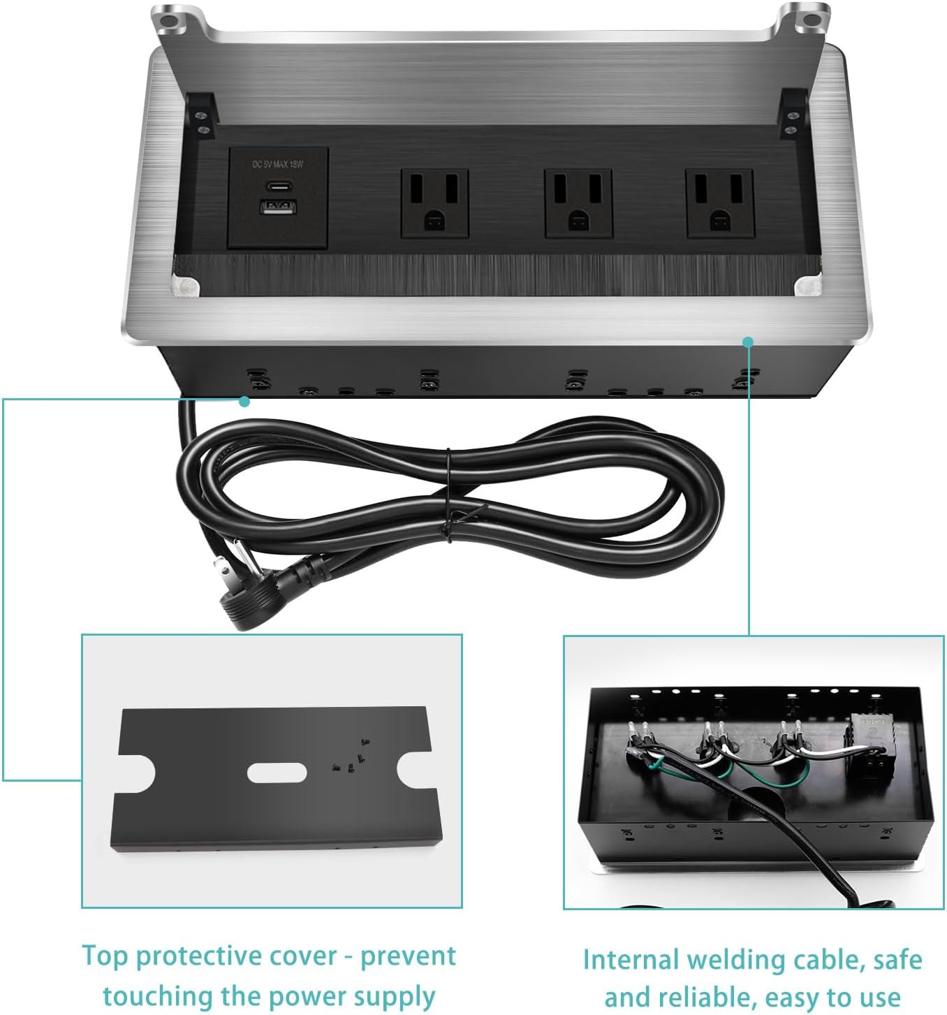 Table Outlet Embedded Desk Outlet, 3 AC outlets, USB-A, USB-C Fast Charging 18W, 8FT Long 16AWG UL Cable Power Supply 1875W Used for Home Office desks Flat Plug - Silver