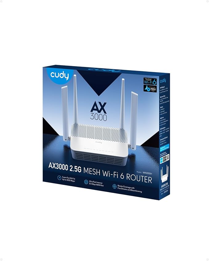 Cudy AX3000 Multi Gigabit Dual Band WiFi 6 Mesh Router, 2.5Gbps WAN RJ45 Port, 4 Gigabit RJ45 Ports, 4 5dBi Antennas, MU-MIMO, OpenVPN, Wireguard, Zerotier, Ipsec VPN, Cloud APP