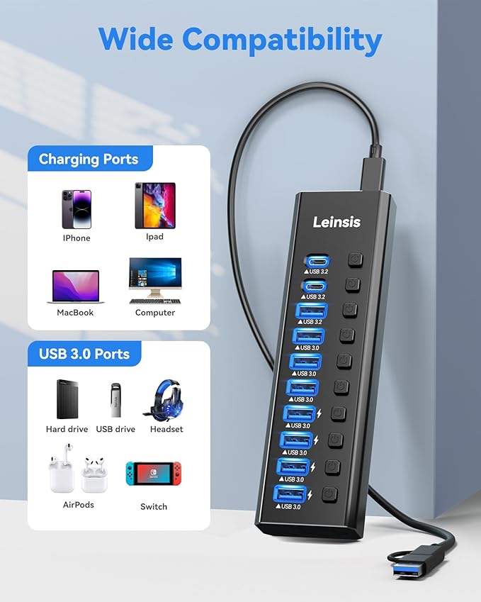 Powered USB Hub 3.2, LEINSIS 10-Port USB 3.2/USB C Hub (10Gbps USB-A 3.2 +2 USB-C 3.2 +7 USB 3.0 Ports) with Individual On/Off Switches and 12V Power Adapter, Aluminum USB Hub Powered for Laptop PC