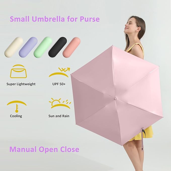 BAODINI Travel Mini Umbrella for Purse With Case Small Compact UV Sun Protection Sun Lightweight Tiny Pocket Manual Open Close Umbrella for Women Kids and Men