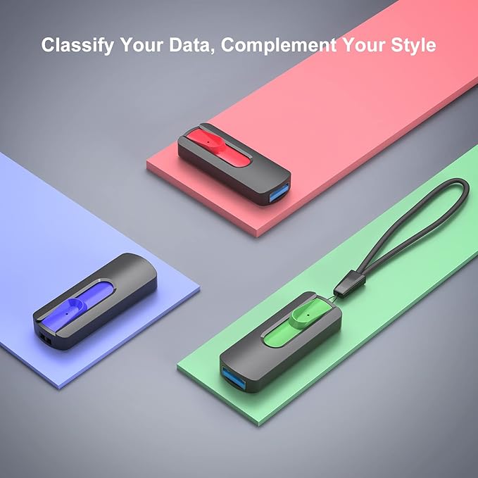 RAOYI 3 Pack 128GB USB 3.1 Flash Drive, High Speed Renewed Colorful Thumb Drive Slide Retractable USB Stick Portable Memory Stick with Lanyard Hole (Green, Red, Blue)