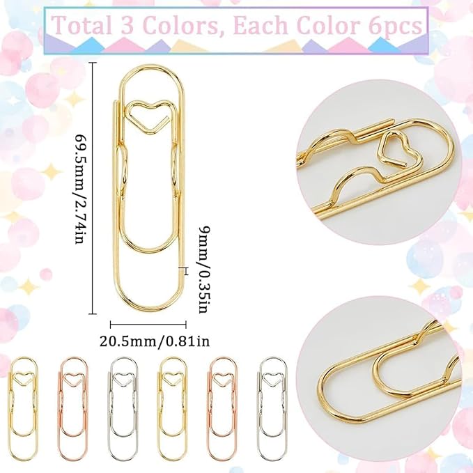 6Pcs 3 Colors Heart Pen Clip Metal Pencil Clips Multifunctional Rose Gold Silver Carbon Steel Paperclip, Paper Clips Pen Holder for Notebook Book Journal Office School Accessories (18Pcs)