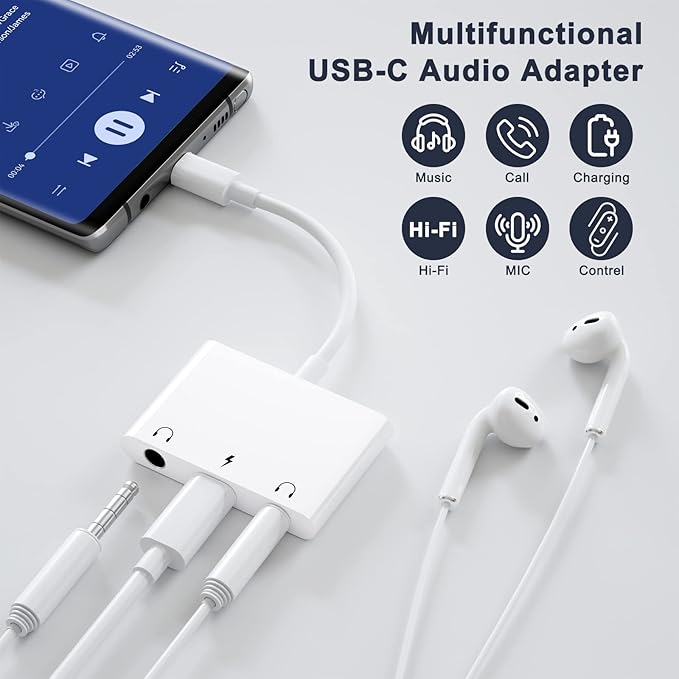 USB C to 3.5mm Audio Adapter, 3 in 1 Aux to USB C Headphone Splitter Dual 3.5mm Audio Jack and PD 60W Fast Charging, Compatible for iPhone 15 16,Galaxy S22 S21/Note 20,Pixel 4 3 XL,Huawei,etc