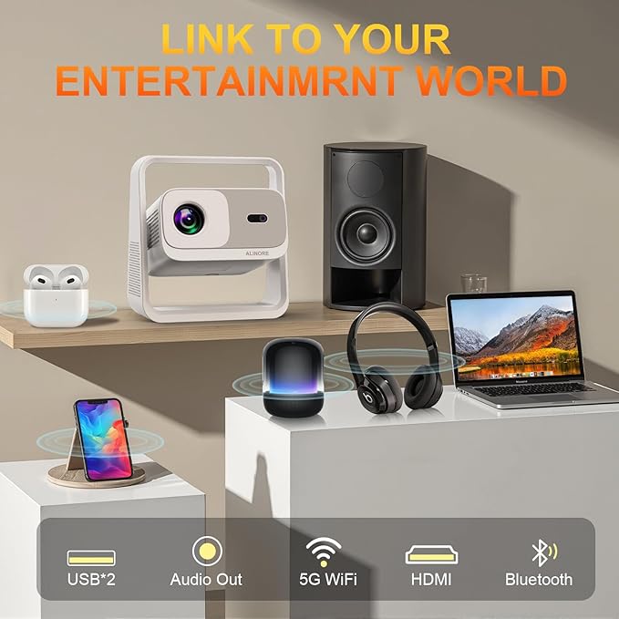 Smart Projector with WiFi and Bluetooth, Built-in Apps, Electric Focus & Auto Keystone Portable Outdoor Projecor, Native 1080P Projector 4K Support, Movie Projector for Home Theater (White)