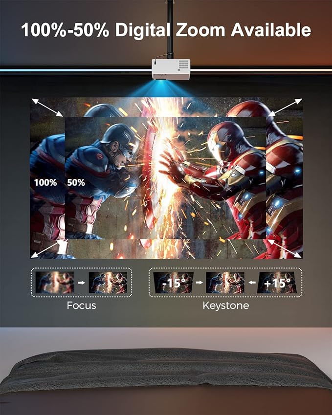 FUDONI Projector with WiFi and Bluetooth, Outdoor Portable 4K Support Projector HD 1080P Max 300" Display Zoom, Movie Video Home Theater Projector Compatible w/HDMI/USB/Phone/Laptop/TV Stick