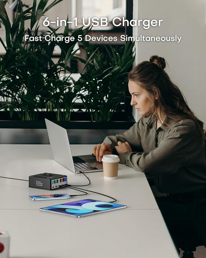 USB Charging Station,ASOMETECH 260W 5Ports Fast Charging Hub,140W PD3.1 USB C GaN Charger with LCD Display,Wireless Charger,Desktop Laptop Adapter for MacBook Pro/Air,iPad,iPhone,Samsung