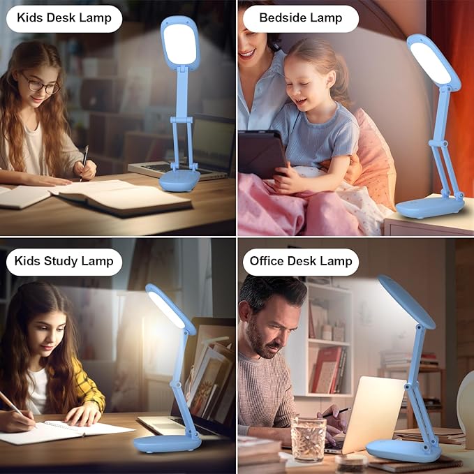 LED Desk Lamp for Office & Home, Battery Operated, Foldable & Portable Light, 2-Fold Bracket, 3 Brightness Dimmable, Wireless Reading Lamp (Blue)