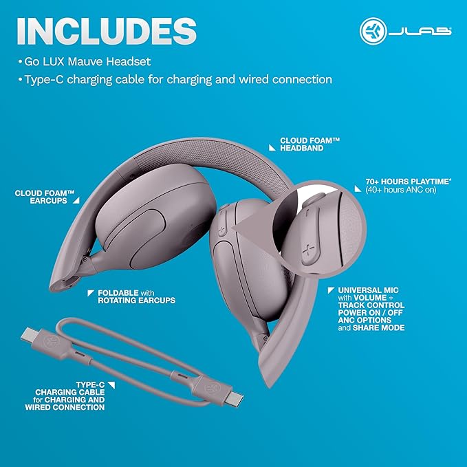 JLab Go Lux ANC Wireless Headphones, Mauve, Hybrid Active Noise Cancelling, Premium On-Ear Bluetooth Headset, Customizable Sound, Be Aware Mode, Cloud Foam Comfort, Multipoint Connection