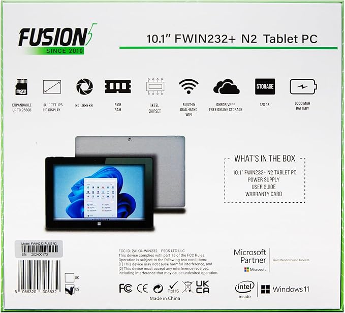 Fusion5 10" Windows 11 Professional FWIN232 Plus N2 Ultra Slim Windows Tablet PC - 8GB RAM, 128GB Storage, USB 3.0, Micro HDMI, IPS HD Display, 5MP and 2MP Cameras, Bluetooth