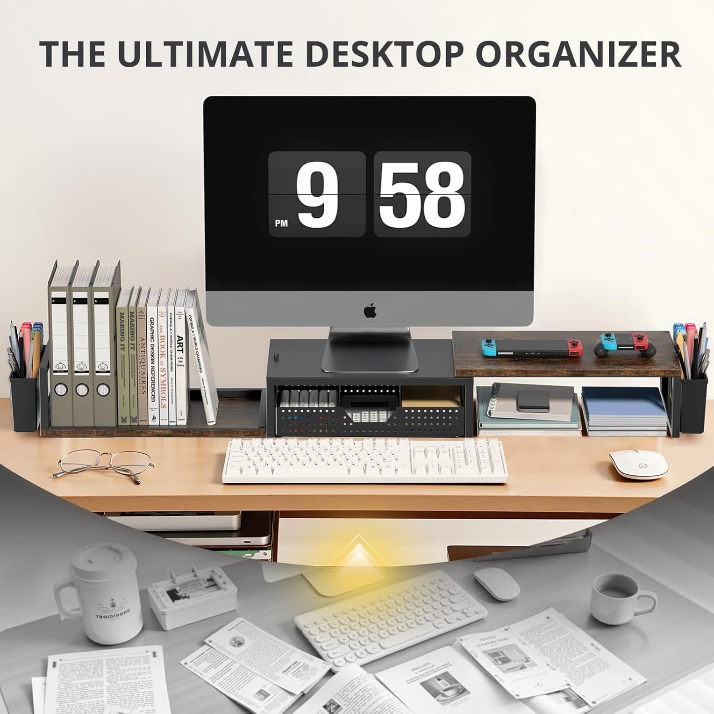 Desk Dual Monitor Stand Riser - Desk Organizer with Drawer and Pen Holders, Office Desk Accessories & Workspace Organization, Computer Monitor Stand for Laptop, Printer, TV, Office Decor, Wood