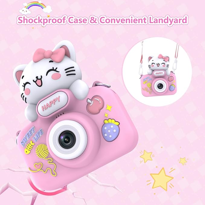 Kids Camera for Boys and Girls, 1080P Toddler Camera with 2" LCD Screen, 8X Digital Zoom, Cute Cat Silicon Case, Includes 16GB SD Card, Ideal Gift for Children Ages 3–12