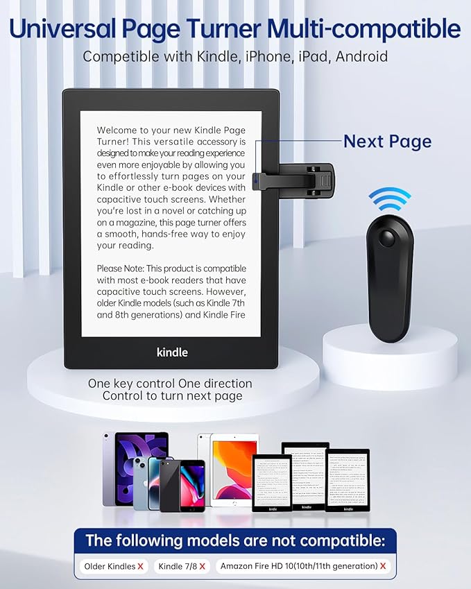 Kindle Holder with Remote Page Turner - Read in Bed Without Blocking Text or Adjusting Margins - Reduce Neck Strain - Quiet Page Turning for Kindle, iPad, iPhone
