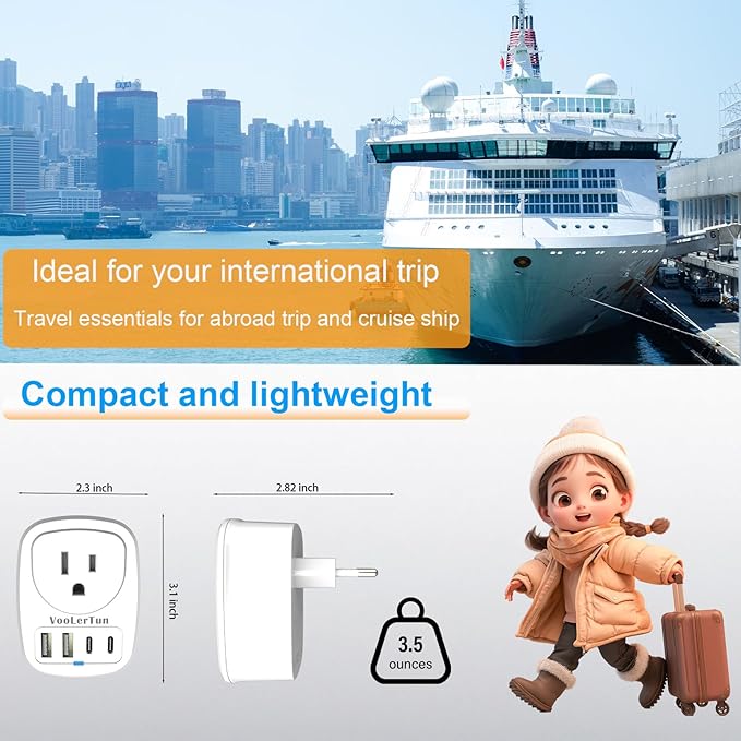 2 Pack Type C European Plug Adapter, VooLerTun Germany Travel Plug Adapter with 4 USB Charger Ports, 1 American Outlet Adapter. US Converter for EU France Denmark Norway Brazil Travel Essential