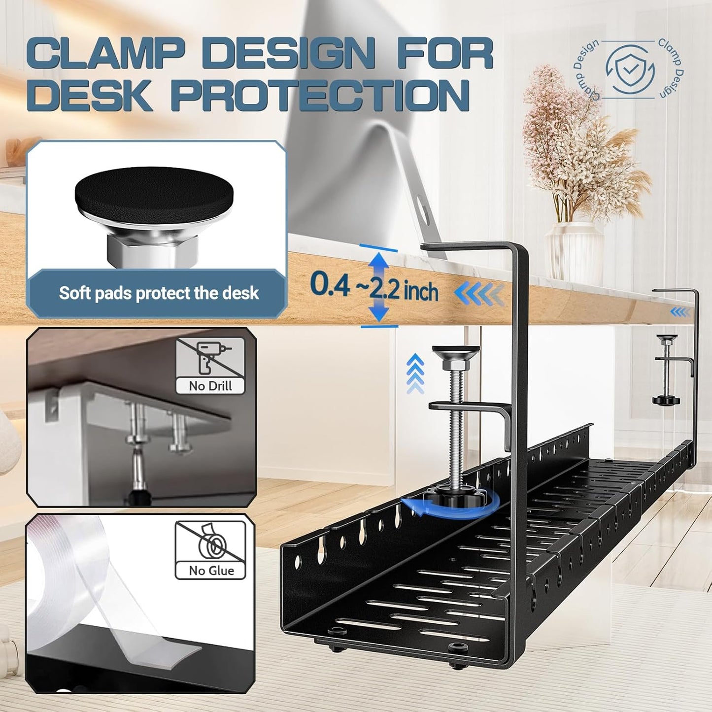 Shikha Under Desk Cable Tray, 15.7"-30.7" Retractable Under Desk Cable Management, No Drilling Cord Organizer with Clamp, Wire Management for Home Office -Black