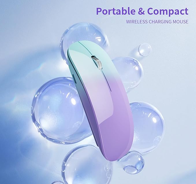 TENMOS M18 Bluetooth Mouse, USB C Rechargeable Wireless Mouse, Triple Mode (Dual Bluetooth+USB) Silent Mice Portable with USB Receiver and Type C Adapter for Laptop/MacBook/iPad - Green and Purple