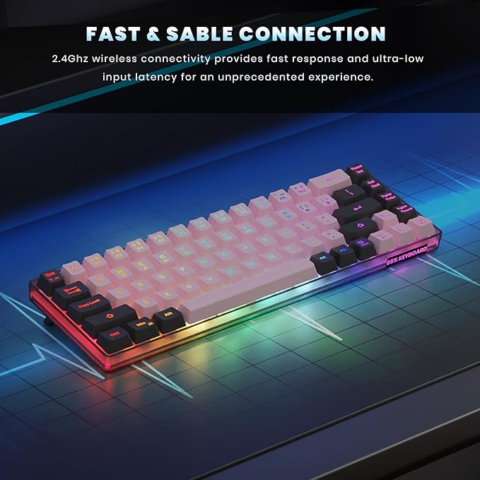 65% Wireless Gaming Keyboard, LED Backlit Gaming Keyboard, 68 Keys Ultra-Compact Anti-ghosting No-Conflict Wireless Keyboard for PC Laptop Windows Gamer(Pink-Black)
