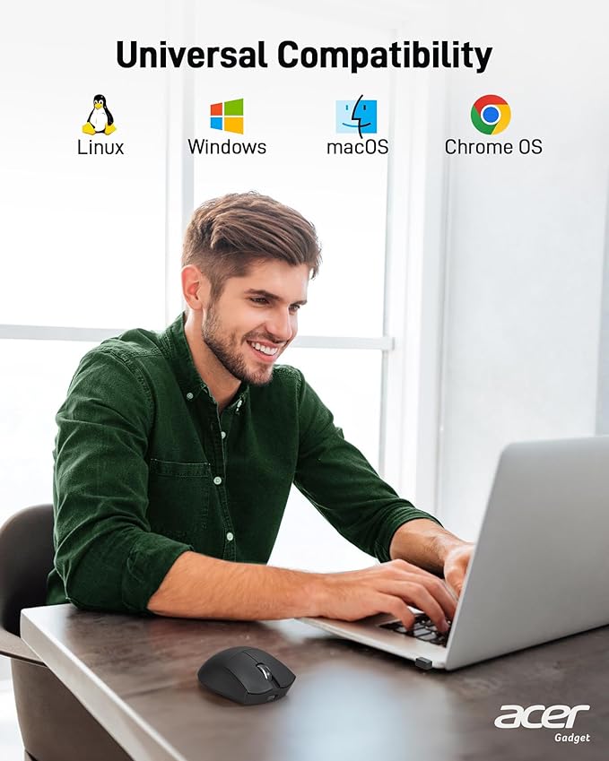 acer Wireless Mouse, 1200 DPI Computer Mouse for Laptop with 2.4GHz USB A Receiver, 5 Buttons Compatible for Windows, macOS, Android (Black)