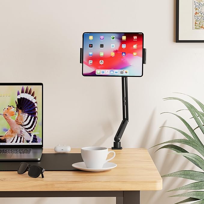 Tablet Stand Holder, Foldable iPad Holder Arm with 360°Rotate Base, Tablet Desk Mount with Magnetic and Clamp, iPad Stand for Desk, Compatible with Tablets, Phones or Other 4.7-15.6" Devices