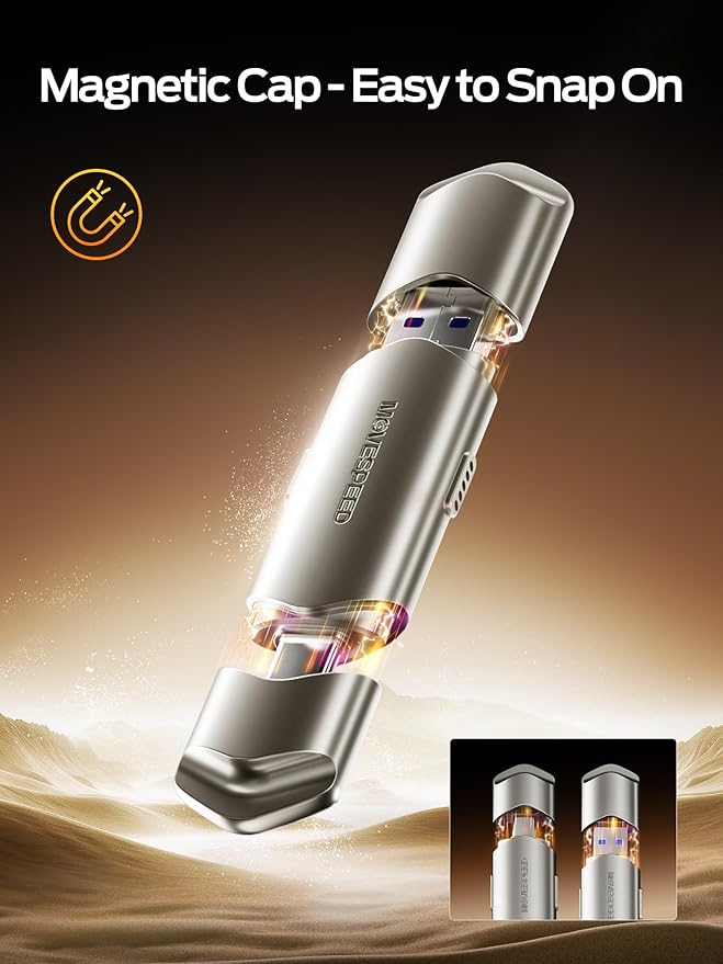 MOVE SPEED USB Drive 2TB External SSD 1000MB/s USB 3.2 Gen2+USB C Dual Ports Portable Zinc Alloy Thumb Drive Stick, External Drive with Metal Casing for iPhone 15/16/17 Series/Mac/Android Phone