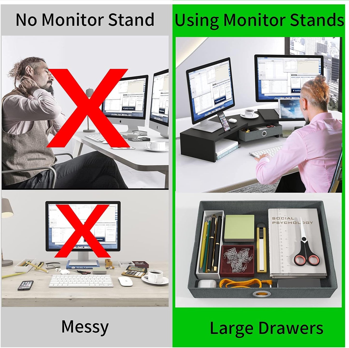 WESTREE Dual Monitor Stand Riser with Drawer, Adjustable Length and Angle Monitor 2 Solts for Phone & Tablet, Desktop Organizer Stand for Computer/Laptop/PC/Printer
