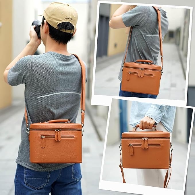 Camera Sling Bag, Waterproof PU Leather Crossbody Camera Case for Photographers, Small Shoulder Bag Compatible for Canon Nikon Sony, 4L Brown