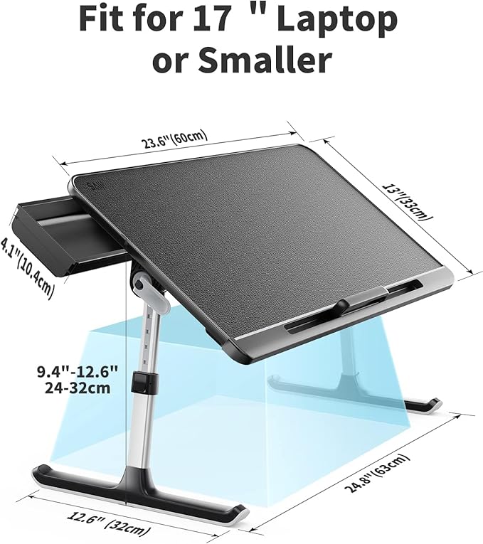 SAIJI Laptop Bed Tray Table, Adjustable PVC Leather Laptop Bed Table, Portable Standing Desk with Storage Drawer, Foldable Lap Tablet Table for Sofa Couch Floor (Dark Black)