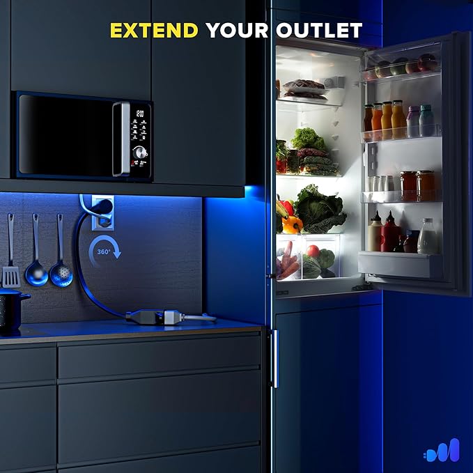 Maximm 360 Rotating Plug Extension Cord - 10ft Flat Design, Space-Saving Low Profile for Under Carpet (Black)