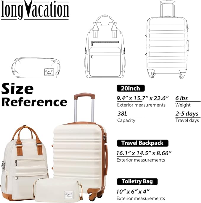 LONG VACATION Carry On Luggage Sets 3 Piece 20 Inch Suitcase Set, ABS+PC Hardshell Lightweight Travel Luggage with Spinner Wheels & YKK Zipper TSA Lock (20 INCH (BP/TB), WHITE-BROWN)
