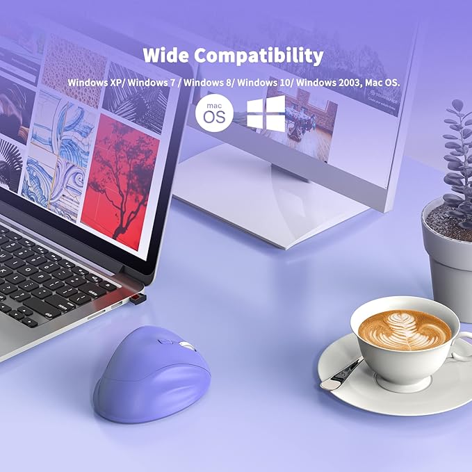 Ergonomic Wireless Mouse with USB Receiver for PC Computer, Laptop and Desktop, Ergo Mouse Vertical with Silent Clicks Long Battery Life, Up to 1600 DPI & 1 AA Battery Powered, Purple