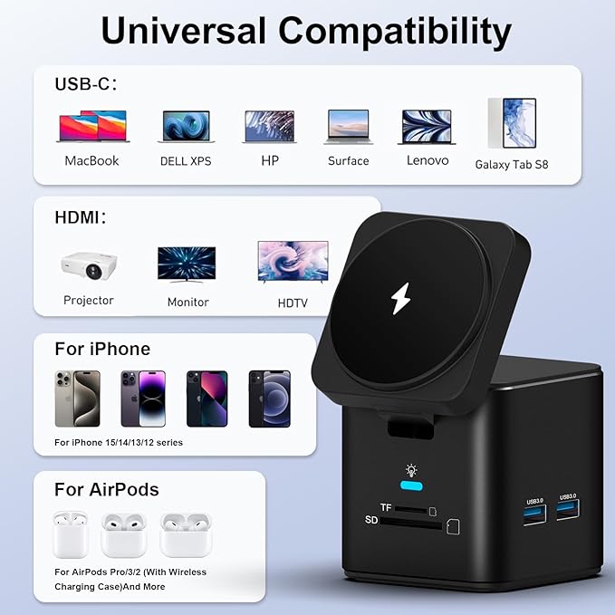 USB C Laptop Docking Station with MagSafe Charger Stand, 9 in 1 USB C Hub Multiport Adapter with 4K HDMI, 1Gbps Ethernet, 3 USB 3.0, SD/TF, Compatible with MacBook/Dell/HP/Lenovo/iPhone (Black)