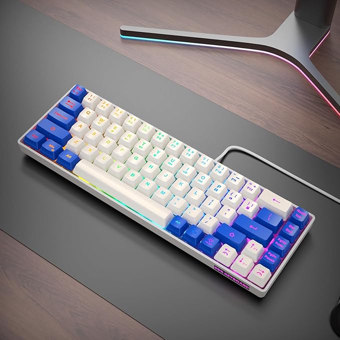 65% Gaming Keyboard, LED Backlit Mini Wired Keyboard, Ultra-Compact Anti-Ghosting No-Conflict 68 Keys Membrane Gaming Wired Keyboard for PC Laptop Windows Gamer(White-Blue)
