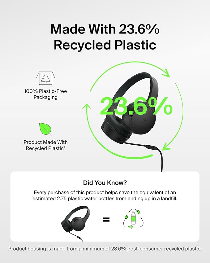 Belkin SoundForm Mini Kids Wired Headphones w/USB C to 3.5mm Dongle, Built-in Mic & Fun Stickers, 85dB Max Volume – for Online Learning, Travel, Compatible w/iPhone 16, iPad, Galaxy S25, etc - Black