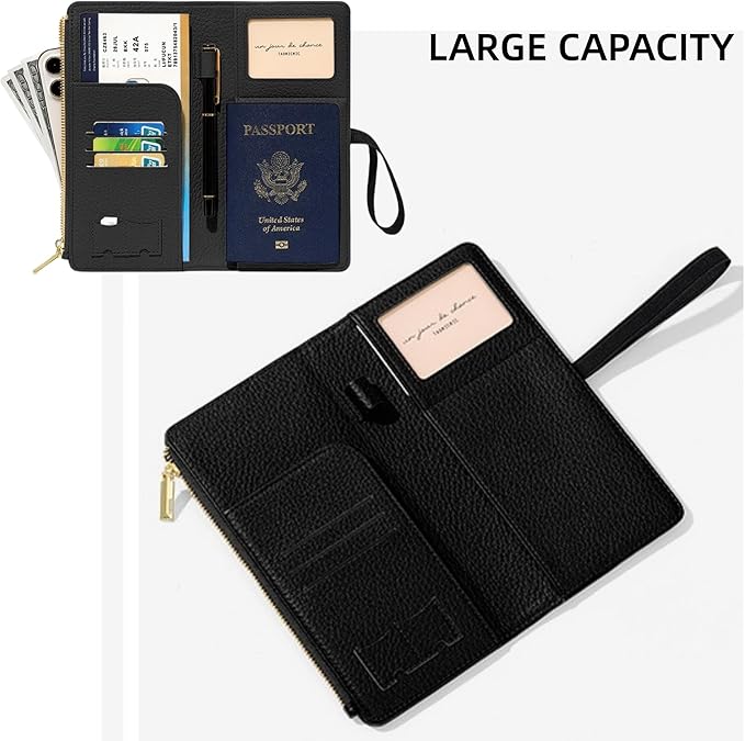 DOB SECHS Passport Holder for Travel Women Leather Passport Wallet RFID Blocking Passport Cover Case with Card Slots, Slim Travel Document Organizer Pouch Bag Zipper Cash Pocket Purse+ID Window, Black
