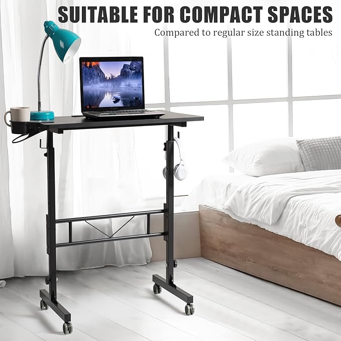 SIDUCAL Standing Desk Adjustable Height, Small Mobile Table with Wheels, Rolling Desk for Standing or Sitting, Portable Computer Desk for Walking Pad, Black