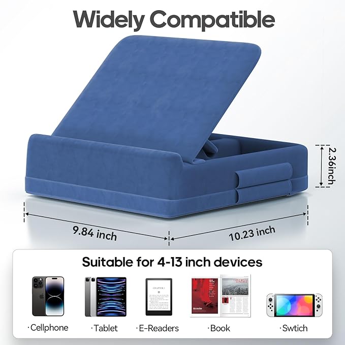 KDD Tablet Pillow Stand with Storage, Foldable iPad Holder for Lap, Desk and Bed, Angle Adjustable Soft Pad Dock with Stylus Mount Compatible with iPad Pro, Air, mini, Book, Phone and Tablet (4-13")