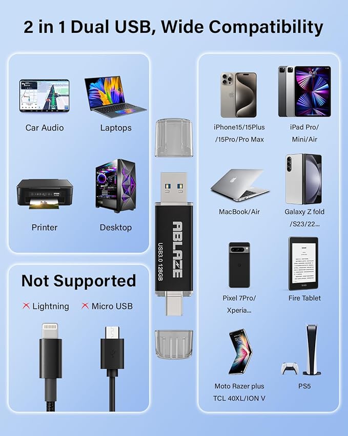 ABLAZE Type C Flash Drive 128GB, Dual USB 3.0+ USB C Flash Drive Compatible with iPhone 16/15,Android Smartphone,Computer,Tablet Mac Laptop