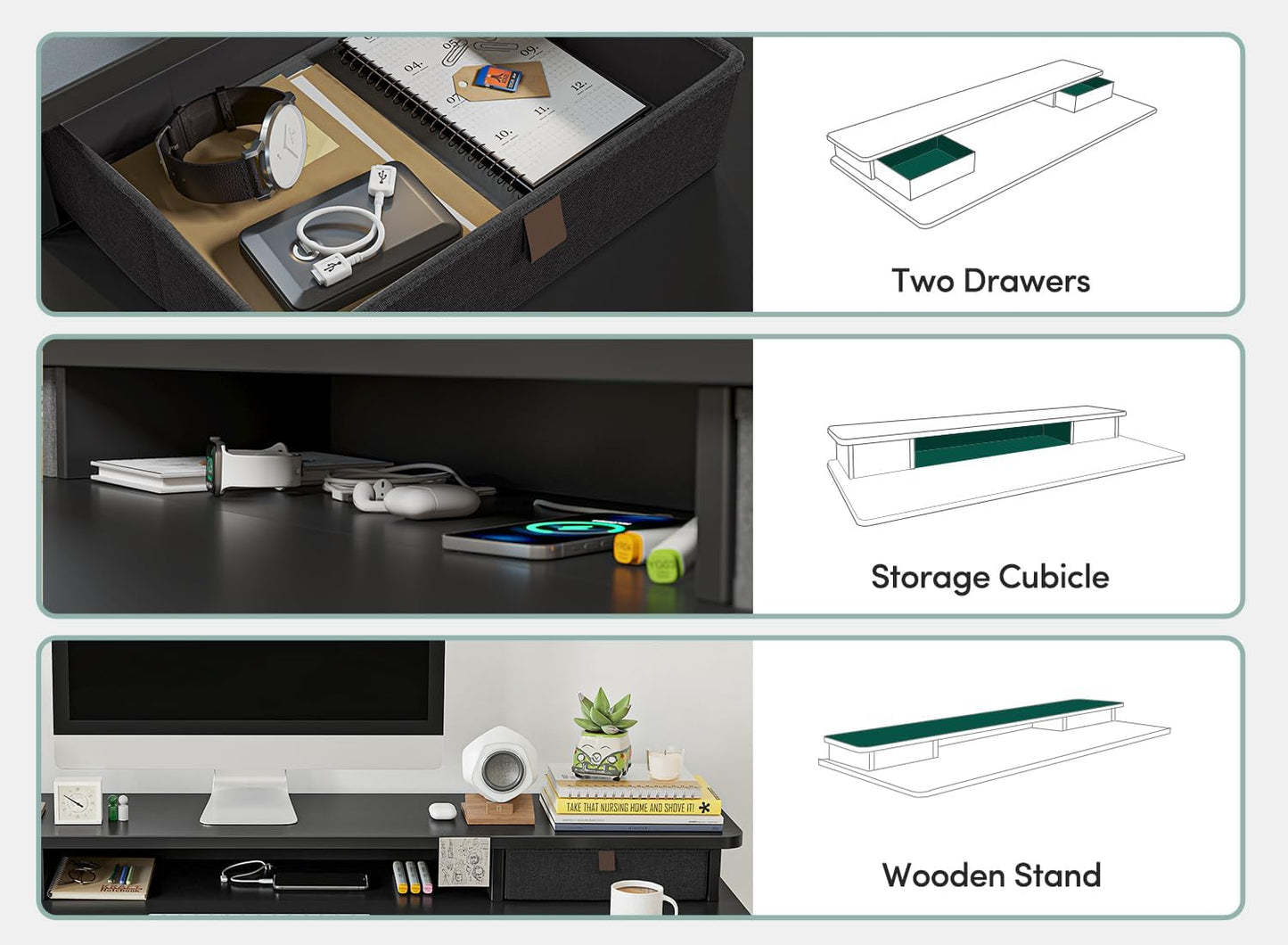 FEZIBO 63 x 28 Inch Deeper Height Adjustable Electric Standing Desk with Double Drawers, Sit Stand Up, Home Office Computer Desk with 4 Height-Adjustable Feets & 2 Hooks, Black Frame/Black Top