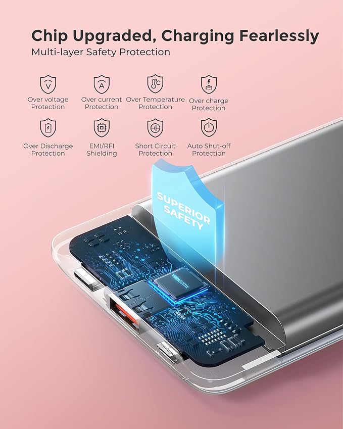 VEEKTOMX Small Portable Charger, Mini Power Bank 10000mAh, PD 22.5W Fast Charging USB-C Battery Bank, Travel Essentials Dual Voltage External Portable Powerbank for iPhone/Samsung/Google Pixel, Pink