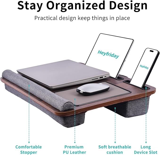 Home Office Lap Desk with Wrist Rest Wrist Rest, Mouse Pad, and Phone Holder Large Laptop Bed Desk for Notebook, Laptop, Tablet, Lap Stand Fits Up to 17 Inch Laptops (Brown)
