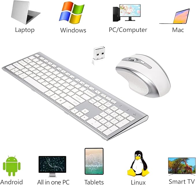 Wireless Keyboard and Mouse Combo USB 2.4G Wireless Keyboard Compatible Windows Desktop Laptop Office Business Silver White