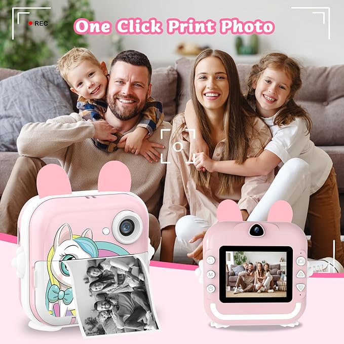 Kids Camera Instant Print Girls Boys, 2,4" HD 1080P, 32GB Card, with Photo Paper and Colored Pens, Instant Camera Holiday Birthday Gifts, Printable Toddler Portable Travel Print Toy (Pink)