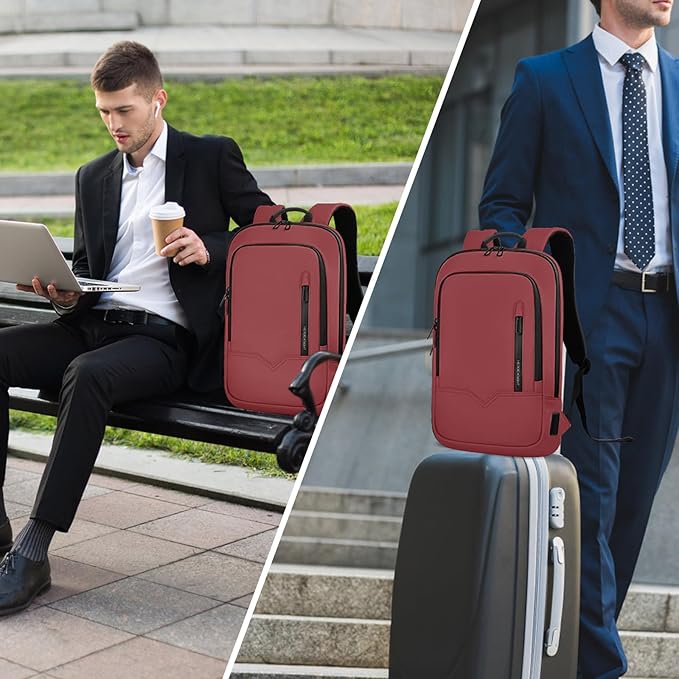 hk Backpack for Men Business Slim Backpack with USB Charger Computer Lightweight Anti-theft Travel (Red, 17.3 Inch)