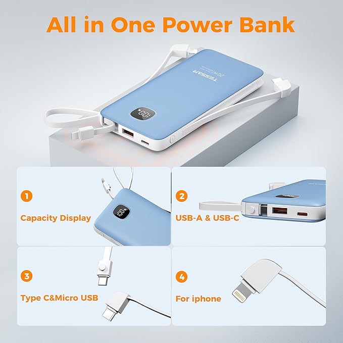 TESSAN Portable Charger with Built in Cables, 10000mAh Power Bank Fast Charging with Foldable AC Plug, 20W Compact Battery Pack Travel Essentials for iPhone 16/15 Series, Samsung, Tablets, Blue