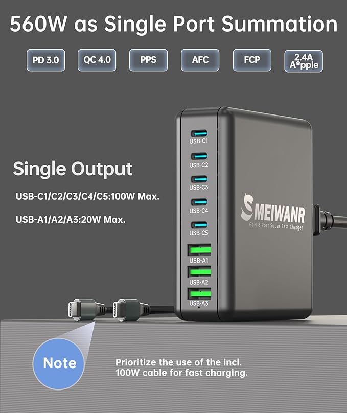 560W 8-Port USB C Charger Block, SMEIWANR Charging Station for Multiple Devices, Fast Charger GaN PD Compatible with MacBook, iPhone and Samsung etc. (Black)
