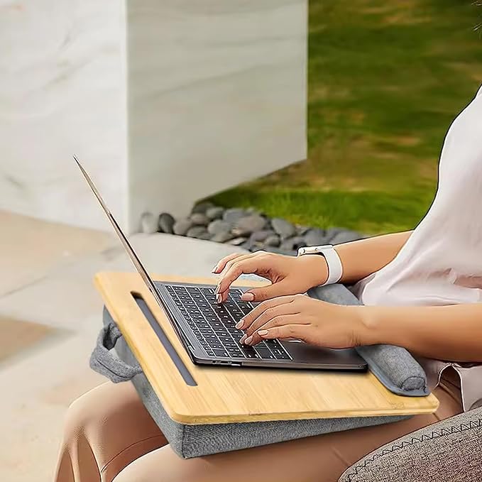 Lap Desk for Laptop with Cushion, Bamboo Laptop Stand with Anti-Slip Strip Tablet Phone Holder, Fits up to 15.6 inch Portable Computer Lap Desk for Couch, Bed & Car