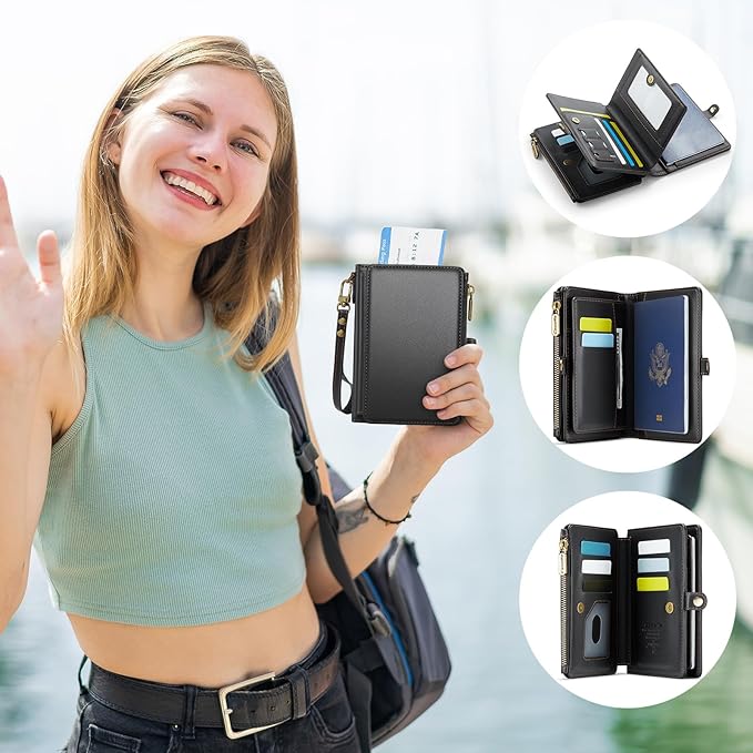 Passport Holder Wallet Bag with AirTag Holder, 11 Card Slots and Passport Solt Cash Solt Photo Solt Zipper Pocket, RFID Blocking Wristlet Strap.Black