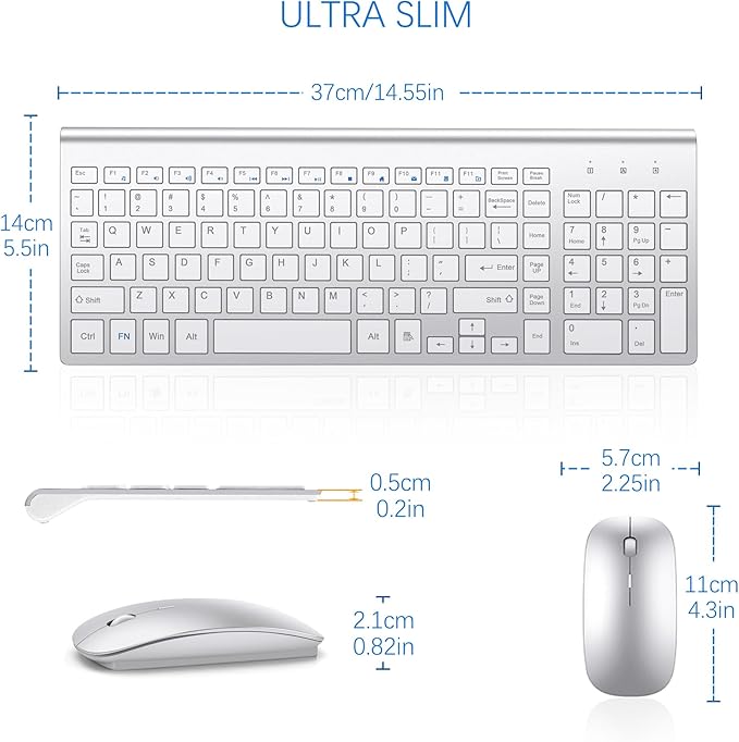 Wireless Keyboard and Mouse Ultra Slim Combo, TopMate 2.4G Silent Compact USB 2400DPI Mouse and Scissor Switch Keyboard Set with Cover, 2 AA and 2 AAA Batteries, for PC/Laptop/Windows/Mac-Silver White