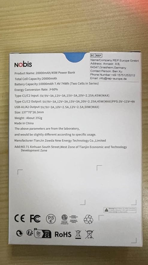 NOBIS Portable Charger, 20000mAh Power Bank, 45W Power Bank Fast Charging, Battery Pack with C to C Cable, Battery Bank with Digital Display for Phone Android Laptop etc (Orange)