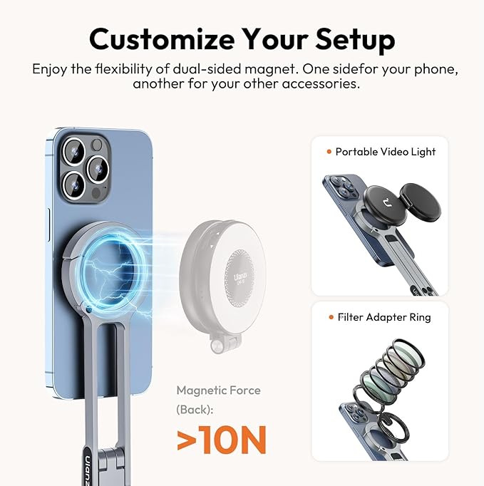 ULANZI MA30 Magnetic Phone Tripod Stand for iPhone - Aluminium Maglock Smartphone Mini Tripod Pocket Cell Phone Stand Strong Magnet Quick Mount Compatible with iPhone 17 16 15 14 13 12 Series, Silver