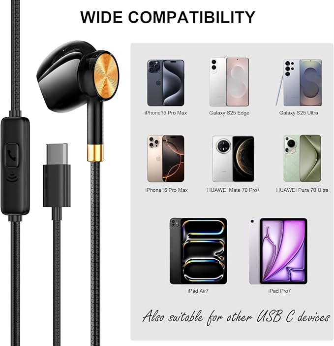 USB C Headphones Earbuds 3 Pack - USB C Earphones Noise Isolating, in-Ear Type C Ear Buds Wired with Microphone Heavy Bass Compatible with Phones, Android and Other Interfaces (Type C)